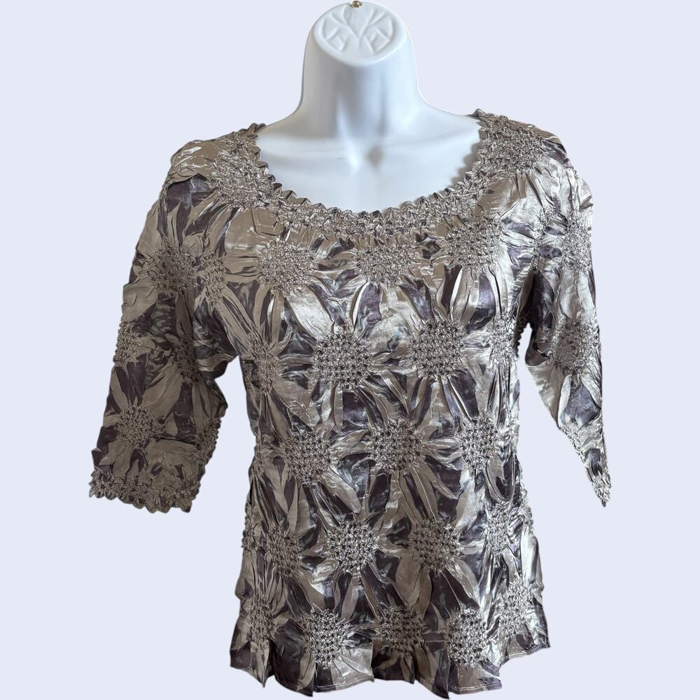 WD·NY M Y2K Floral Ruched Blouse Metallic Silver